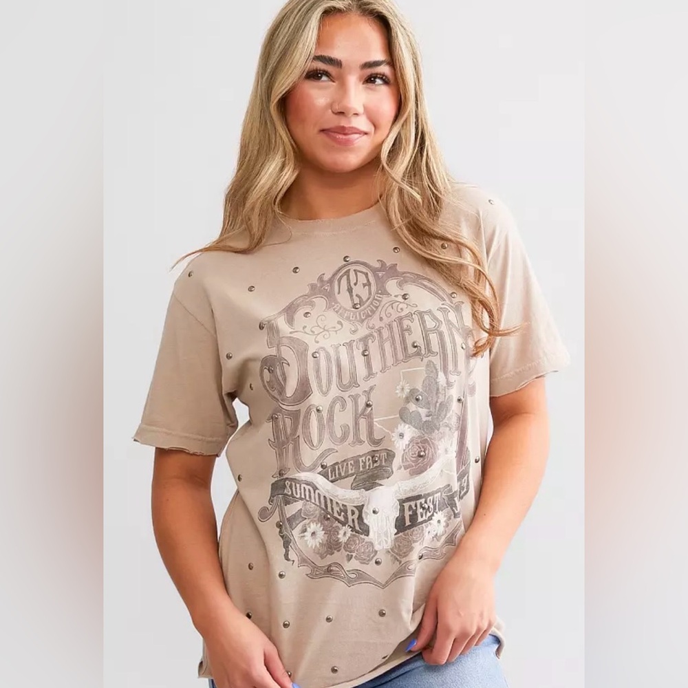 Affliction Women Southwestern Rock T-Shirt Stud Distress Beige  Size X-Large